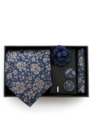 Set | Corbata | 4 Piezas | Azul floreado