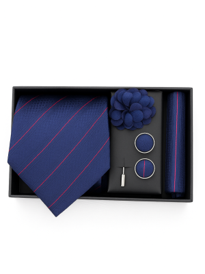 Set | Corbata | 4 Piezas | Azul lineas rojas