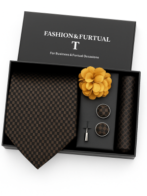 Set | Corbata | 4 Piezas | Café cuadros