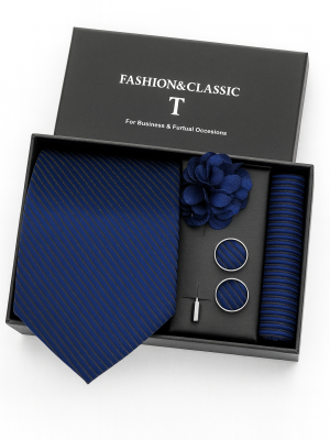 Set | Corbata | 4 Piezas | Azul marino lineas